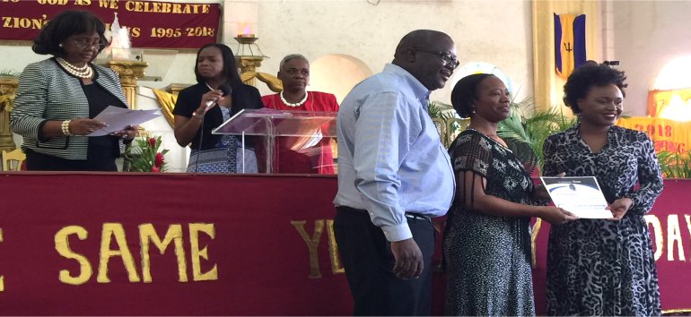 The John Maxwell Team Executive Directors Marie-Lucie Spoke Diana Kenoly and Patrick Tannis worship at Mount Zion's Missions Inc Barbados Foursquare Church