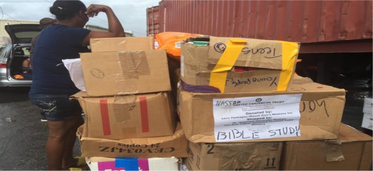 Love Packages shipped container to Barbados for the churches of Nassau Bahamas donated by Eagles Nest Ministries following Dorians devestation